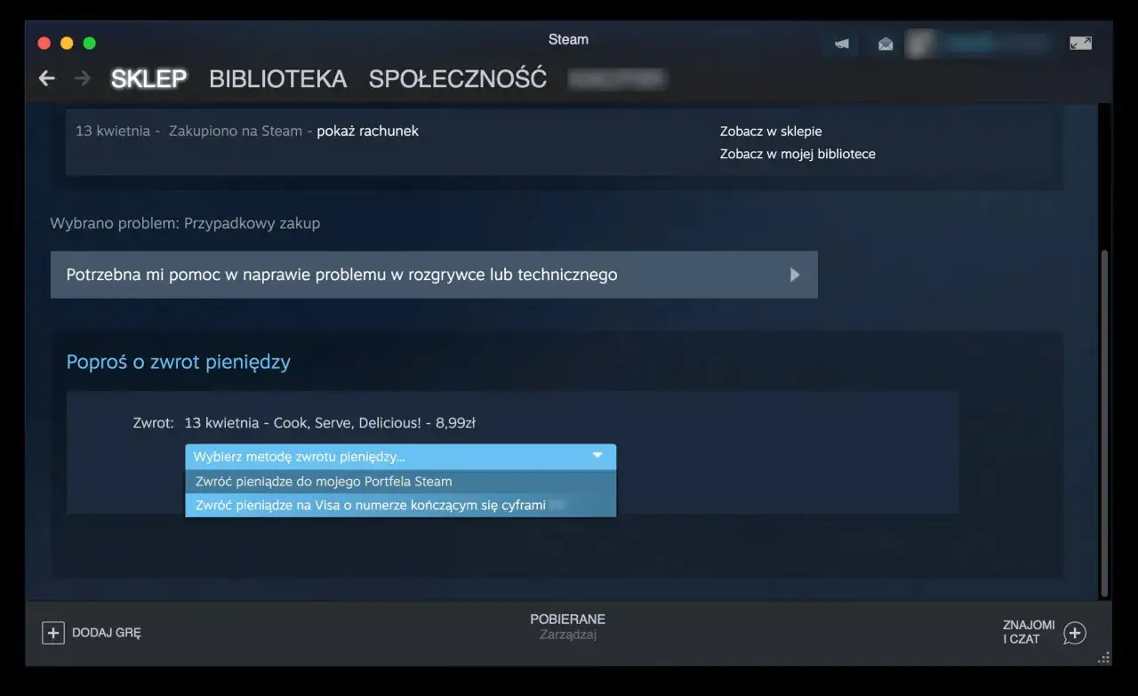 Steam pomoc zwrot prezentu historia zakup&oacute;w