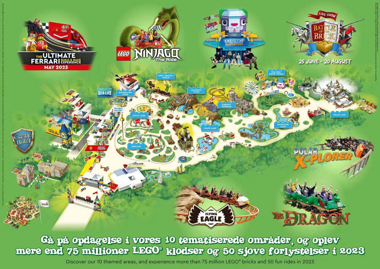 Mapa pokazuje, gdzie jest Legoland Billund, z atrakcjami takimi jak Ferrari Experience, Ninjago World, Polar Land i zamkami.