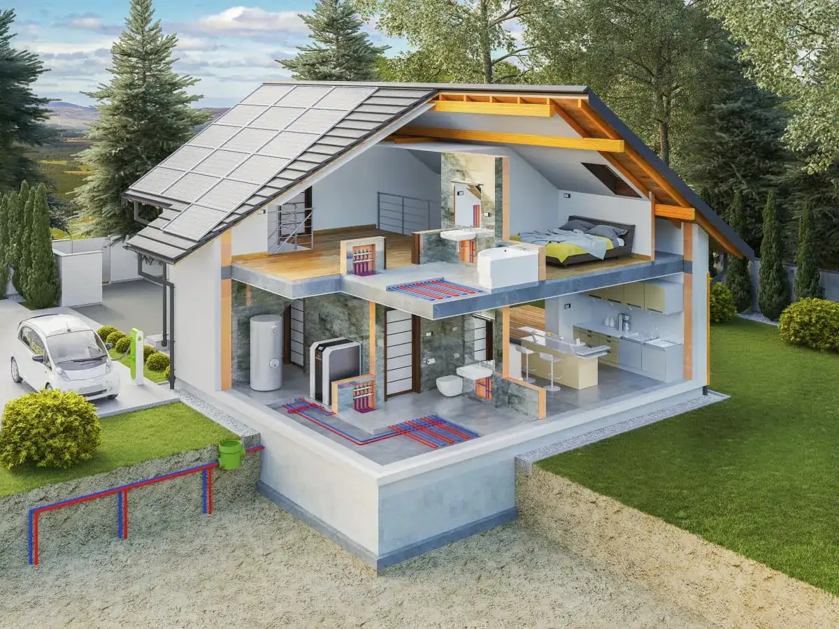Nowoczesny dom z panelami słonecznymi i pompą ciepła. Dofinansowanie do ogrzewania elektrycznego może obniżyć koszty utrzymania.