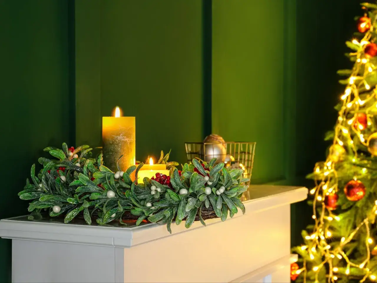Wianek z jemioły, świece i choinka tworzą świąteczną atmosferę. Dlaczego jemioła jest symbolem świąt? To tradycja!
