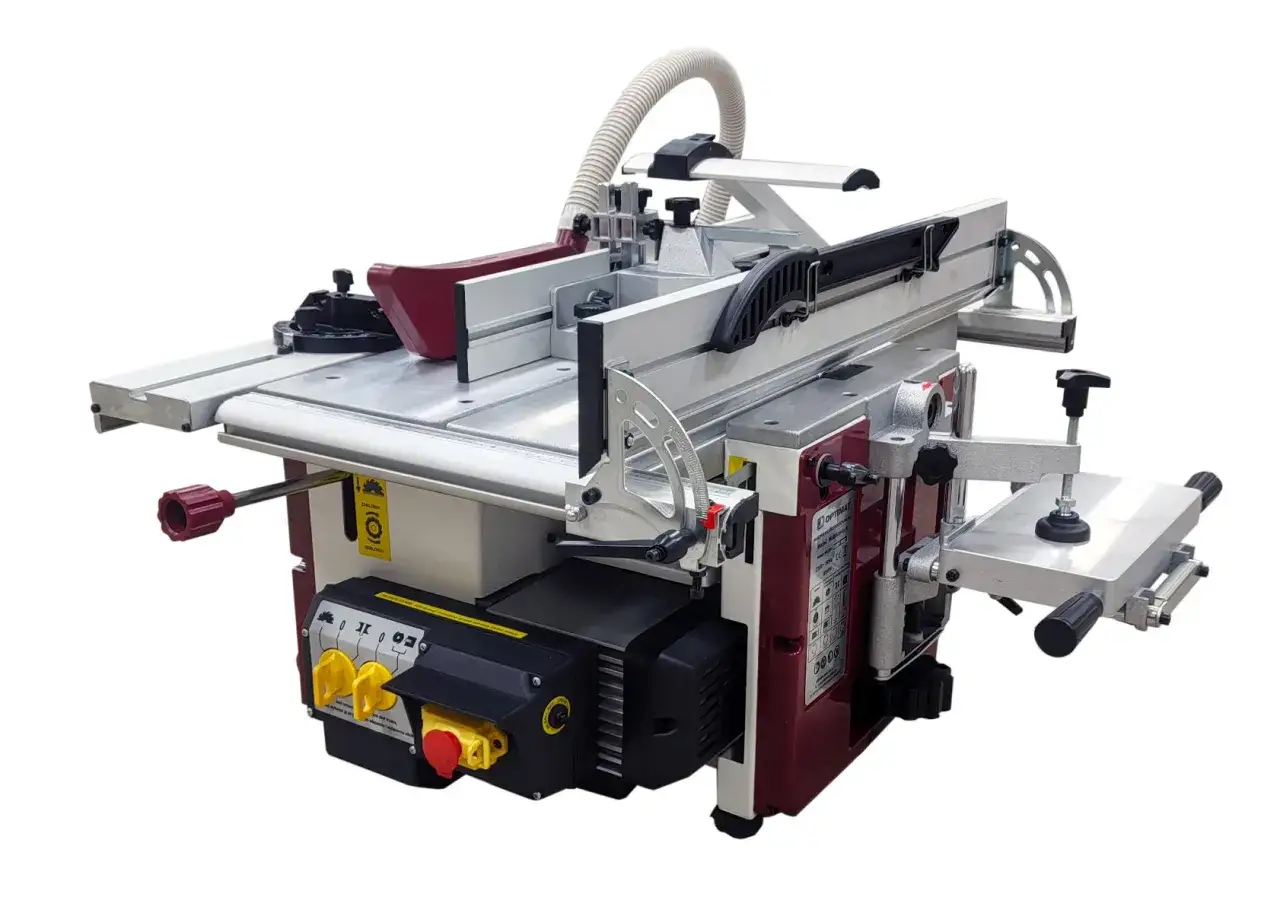 Wielofunkcyjna maszyna do drewna z dłutownicami, piłą i frezarką.