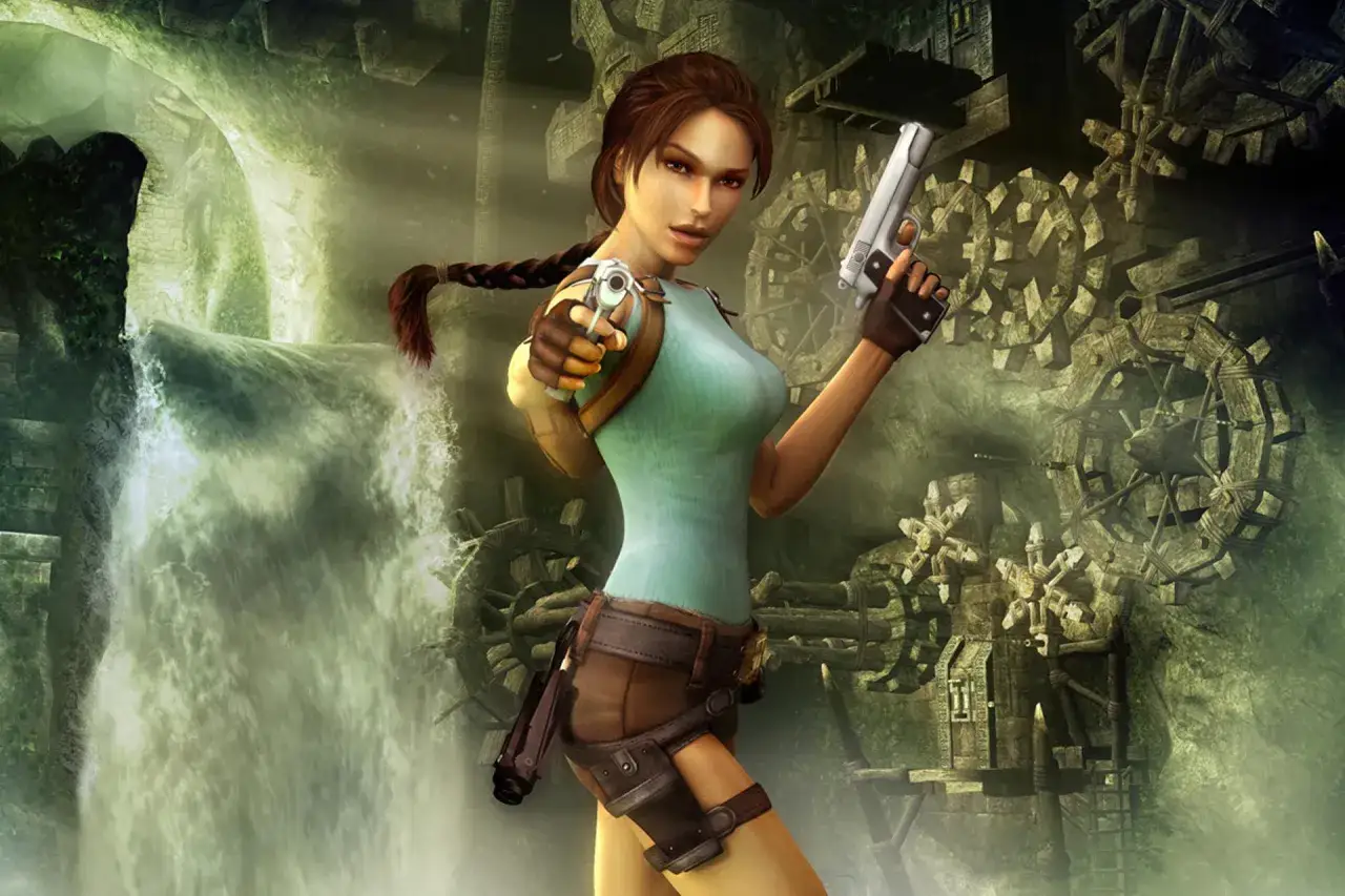 Lara Croft w nowym tomb raiderze, z pistoletami w dłoniach, stoi przed wodospadem i starożytnymi mechanizmami.