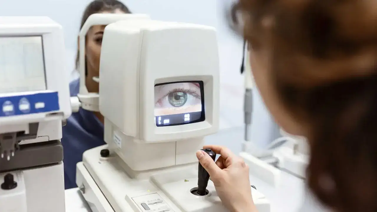 Badanie biometria oka. Ekran wyświetla zielone oko, a technik manipuluje joystickiem urządzenia.
