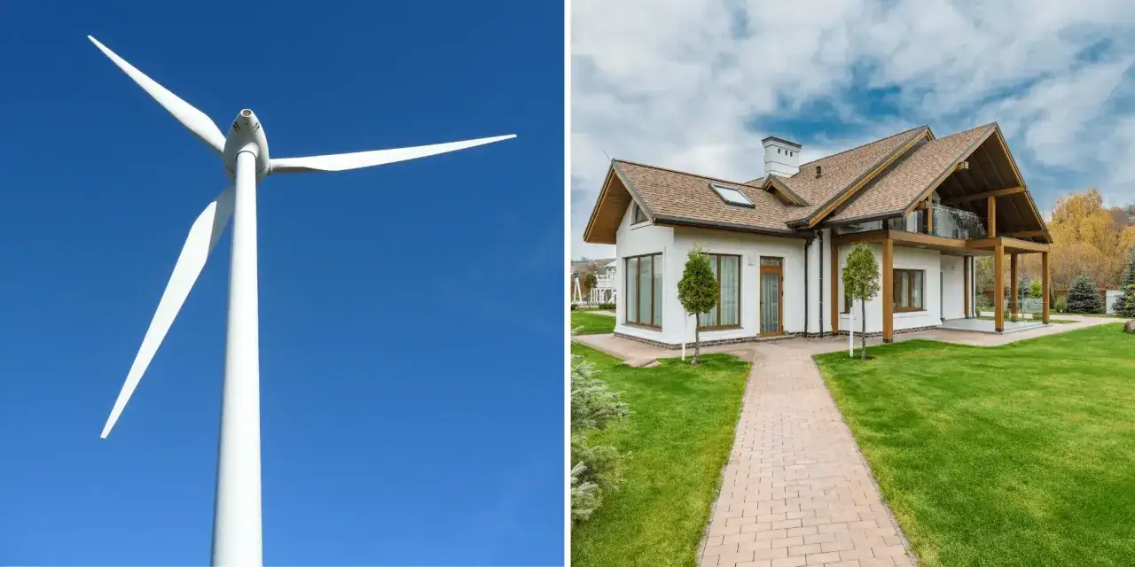 Nowoczesny dom z zielonym ogrodem i elektrownia przydomowa na tle błękitnego nieba.