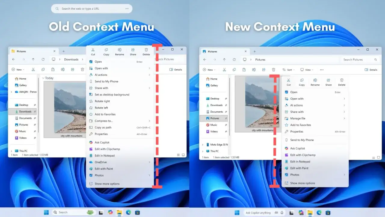 Por&oacute;wnanie menu kontekstowego w Windows 11: stare vs. nowe. Nowe menu pozwala pokazać więcej opcji Windows 11.