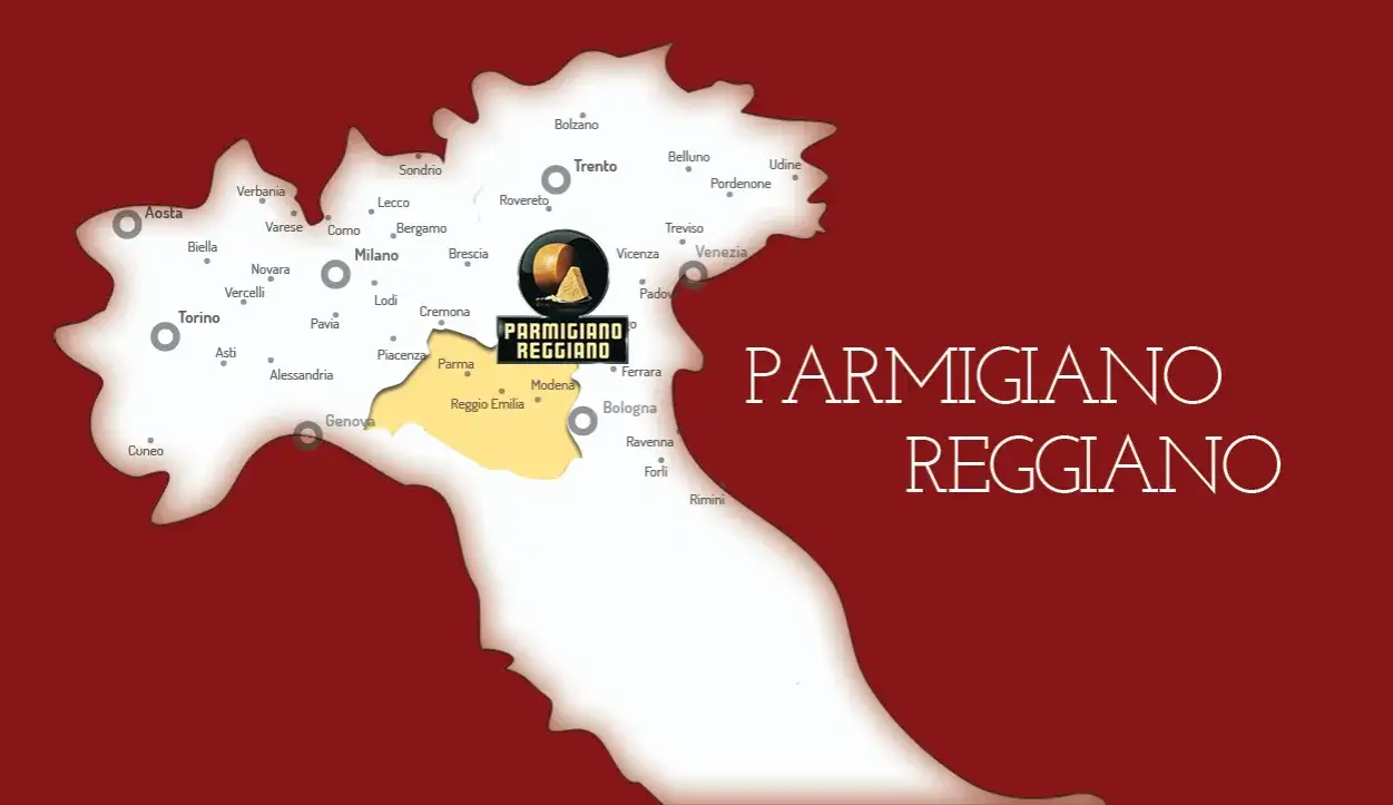 Mapa regionów produkcji Grana Padano i Parmigiano Reggiano