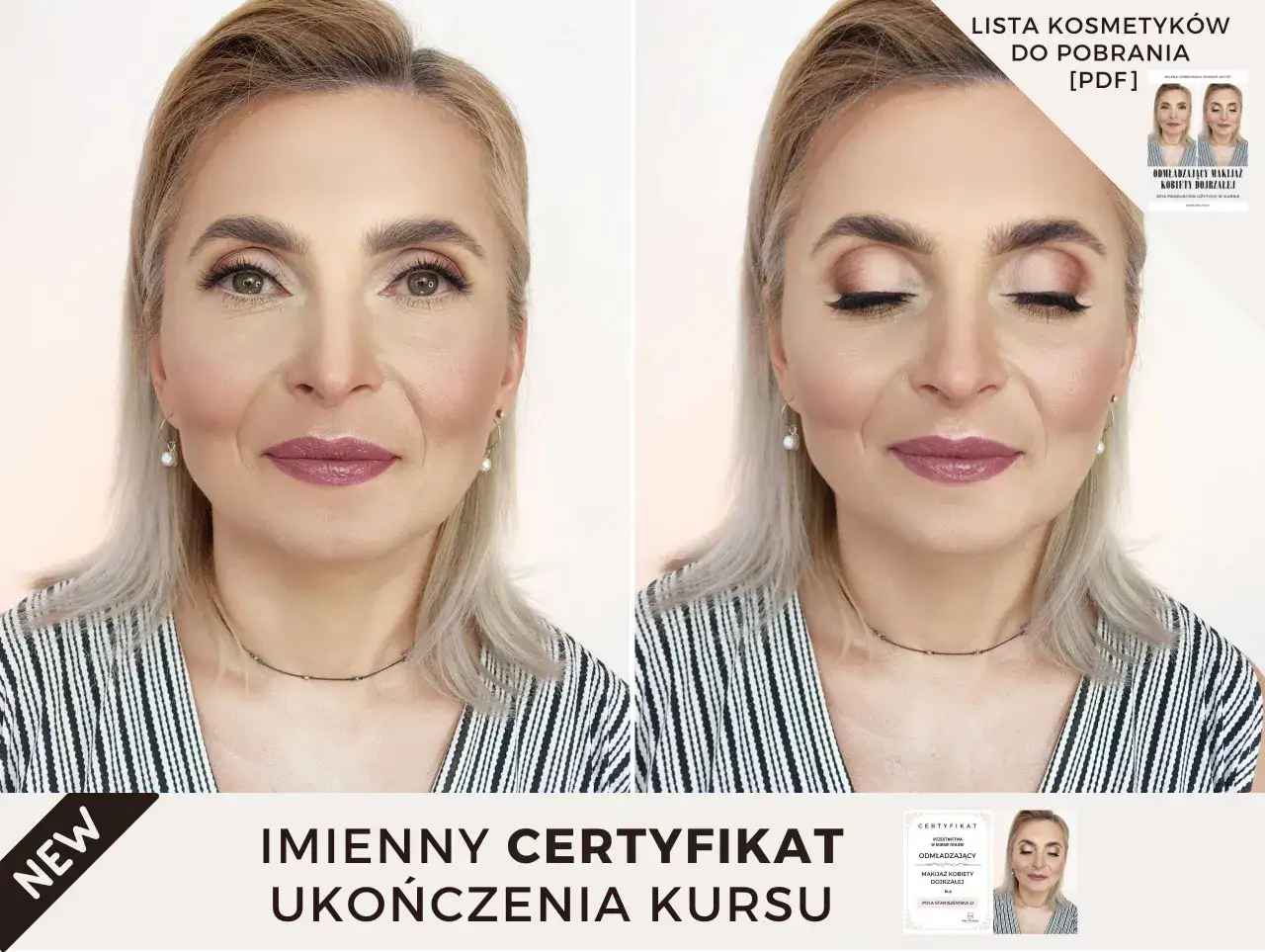Kobieta prezentuje makijaż po 50 krok po kroku. Na dole certyfikat ukończenia kursu odmładzającego makijażu.