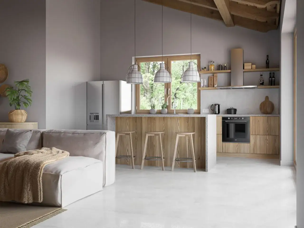 Nowoczesna kuchnia z wyspą i drewnianymi frontami. Betonowe blaty i ściany dodają industrialnego charakteru. Inspiracje dla Twojego domu.