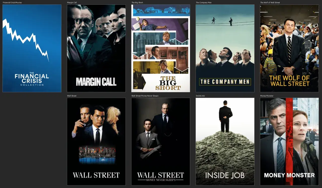 kolaż plakat&oacute;w filmowych o finansach The Big Short Wilk z Wall Street Inside Job