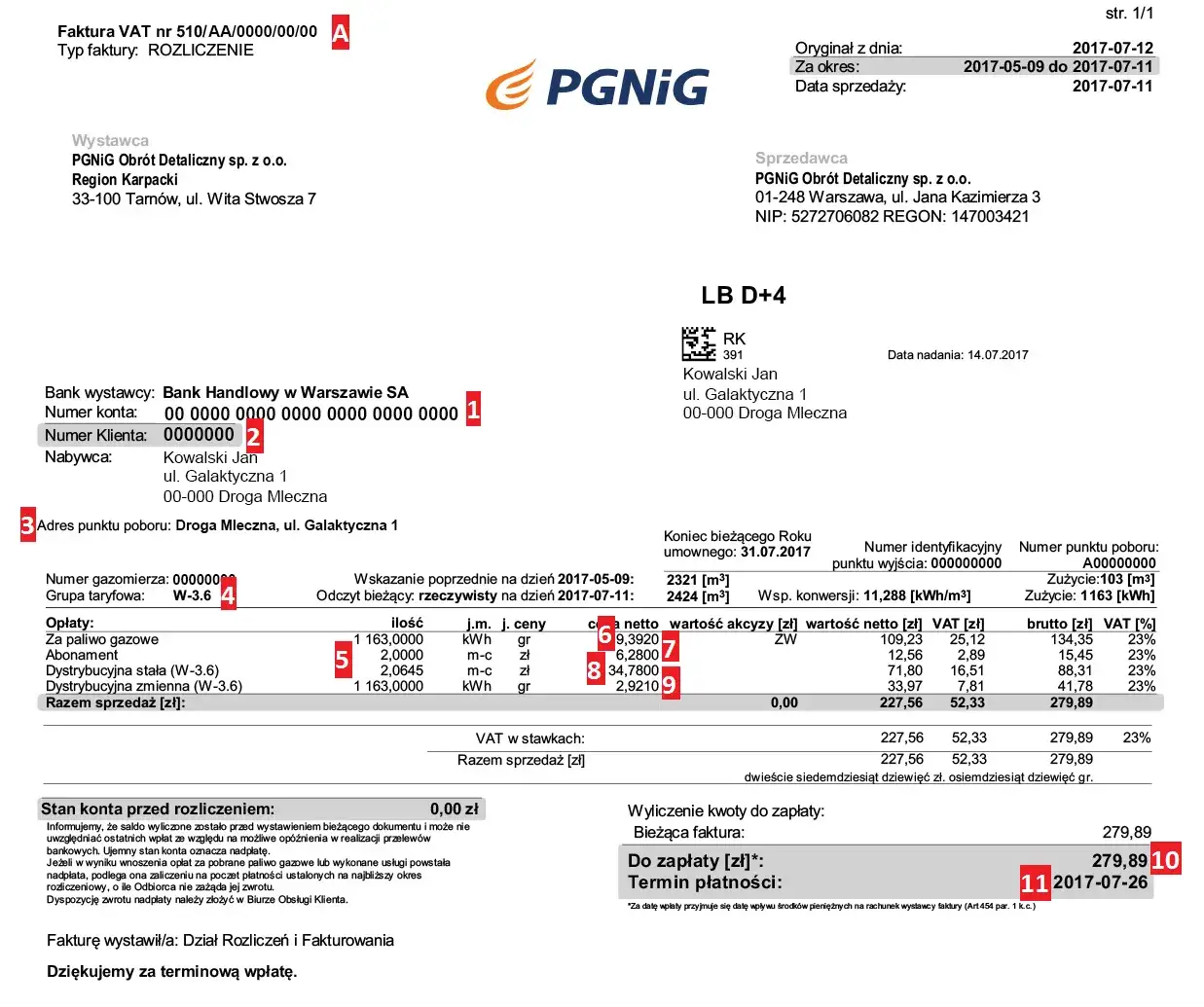 przykładowa faktura gazu numer klienta punkt poboru