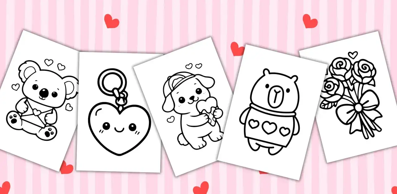 Urocze pomysły na kartki walentynkowe dla dzieci: miś koala z kopertą, serduszko-breloczek, piesek z sercem, miś w sweterku i bukiet róż.