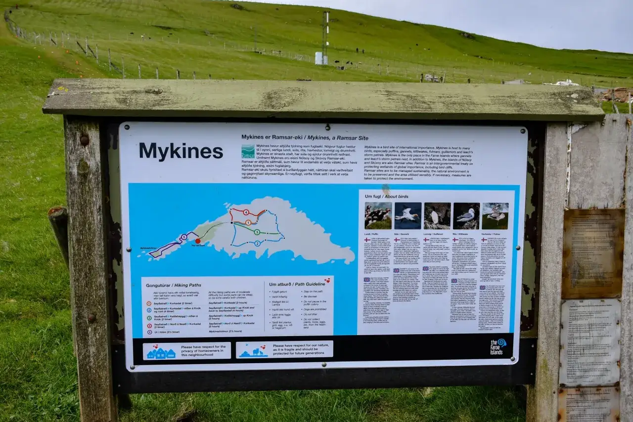Tablica informacyjna o Mykines, z mapą szlaków i opisem ptaków. Wskazuje przyczyny zamykania szlaków na Wyspach Owczych w sezonie lęgowym ptaków, by chronić ich siedliska.