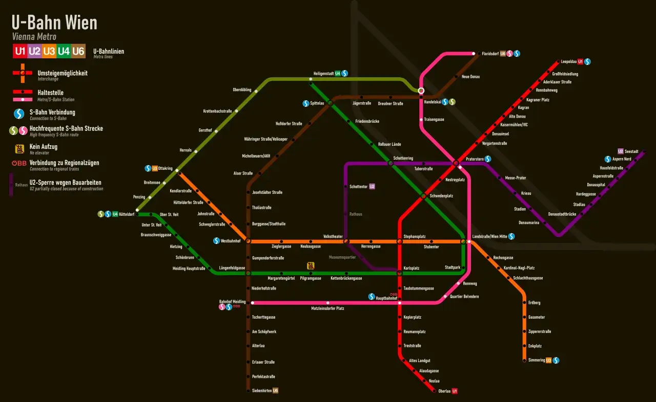 Mapa metra w Wiedniu pokazuje linie U1-U6, stacje przesiadkowe i połączenia z S-Bahn.
