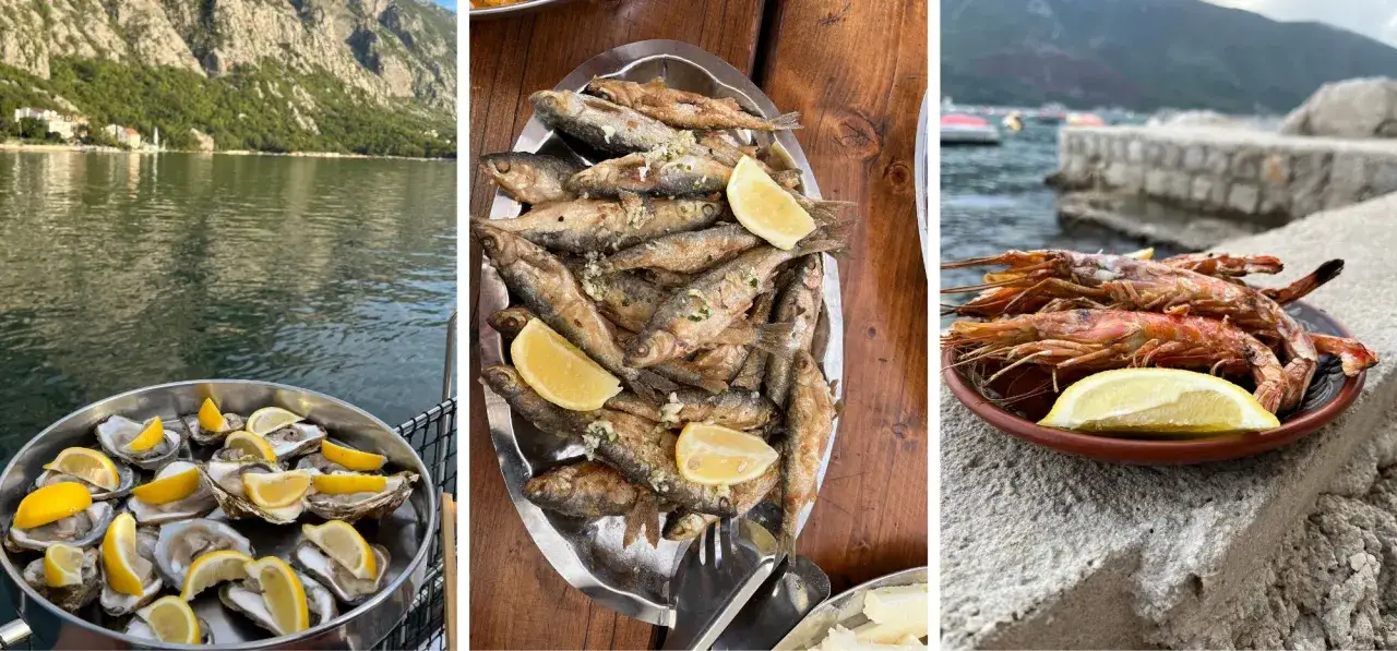 Smaczne czarnog&oacute;ra jedzenie: świeże ostrygi, smażone rybki i krewetki z cytryną, nad wodą.
