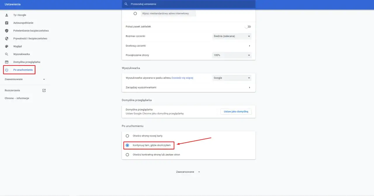 Ustawienia Chrome: jak ustawić stronę startową. Wybrano opcję 