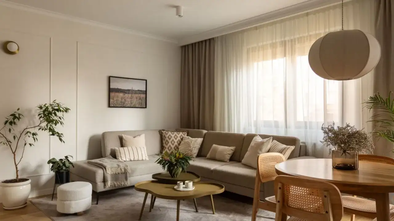Przytulny salon z beżową kanapą, stolikami kawowymi i roślinami. Świetne pomysły na udekorowanie pokoju w stylu skandynawskim.