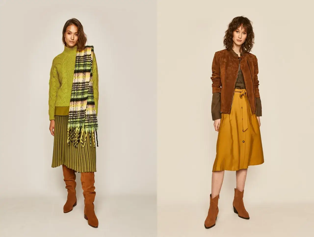 Dwie kobiety prezentują ciepła jesień stylizacje. Jedna w zielonym swetrze i spódnicy, druga w brązowej kurtce i żółtej spódnicy.