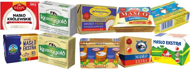 r&oacute;żne rodzaje masła i miksy tłuszczowe opakowania
