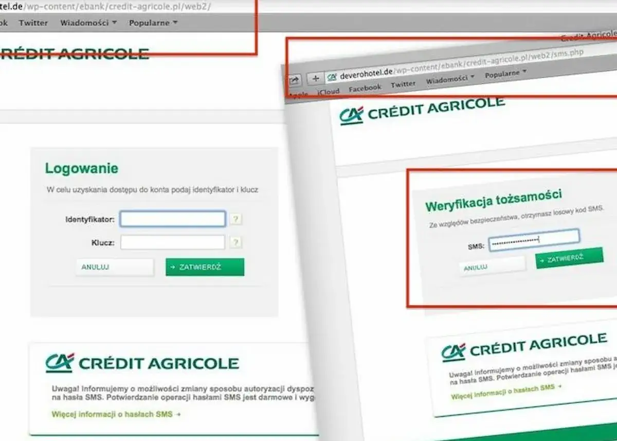 Ekran logowania i weryfikacji tożsamości do bankowości internetowej Credit Agricole. Jak zalogować się do Credit Agricole? Wpisz identyfikator i klucz, a następnie kod SMS.