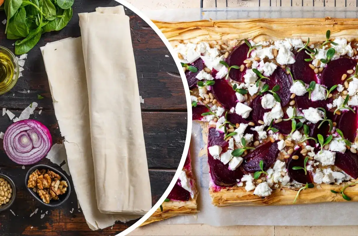 Gotowe ciasto filo na słono z burakami, fetą i orzeszkami pinii. Obok składniki: ciasto filo, cebula, orzechy, oliwa, szpinak.