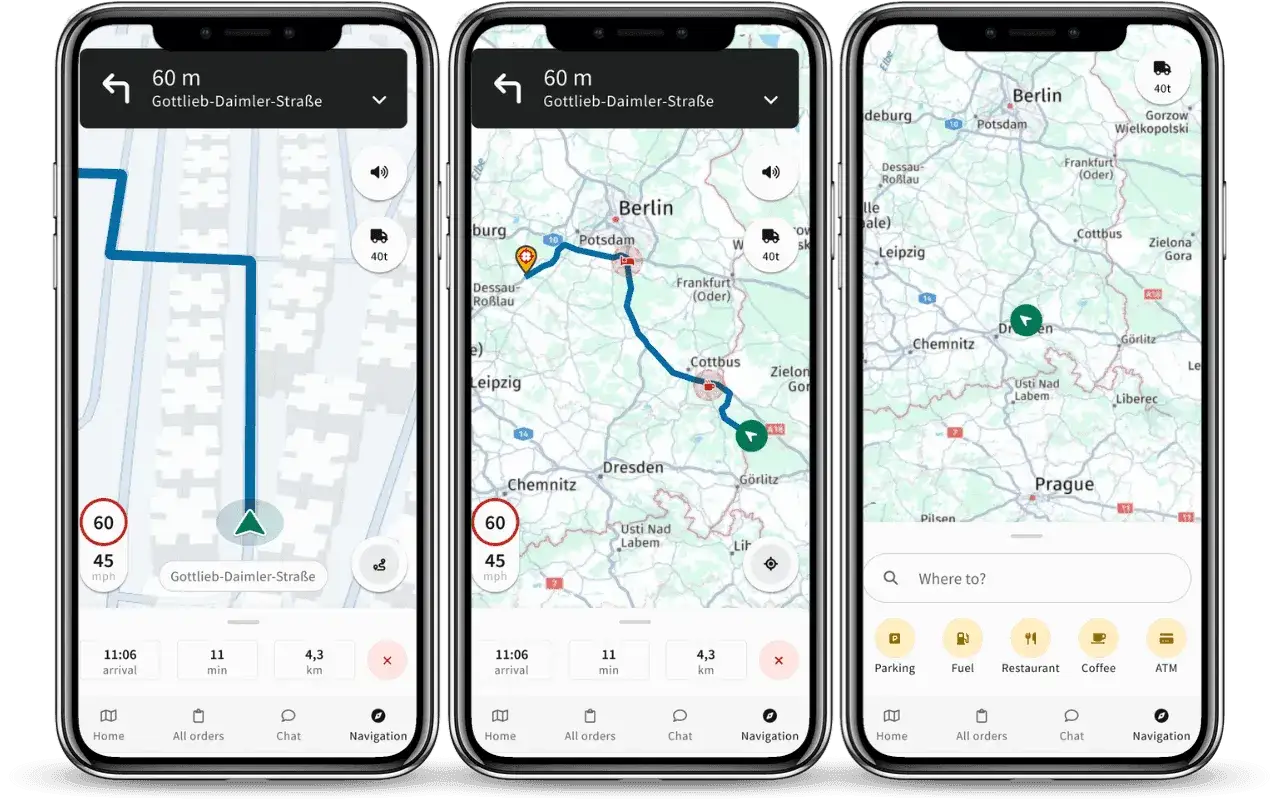 Najlepsza nawigacja dla ciężar&oacute;wek na telefon. Widok mapy z trasą z Berlina do Pragi, z opcjami dla kierowc&oacute;w ciężar&oacute;wek.