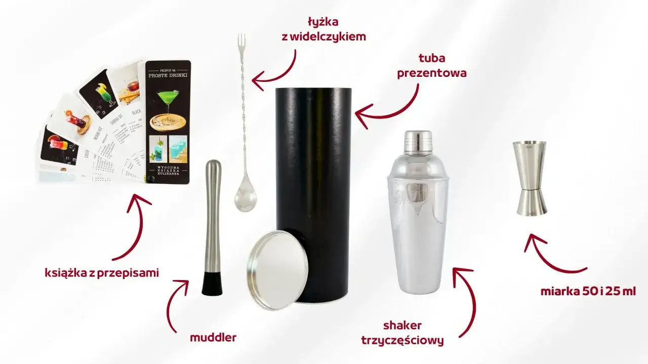 Zestaw do robienia dobrych drinków w domu: książka z przepisami, shaker, miarka, łyżka barmańska i muddler.