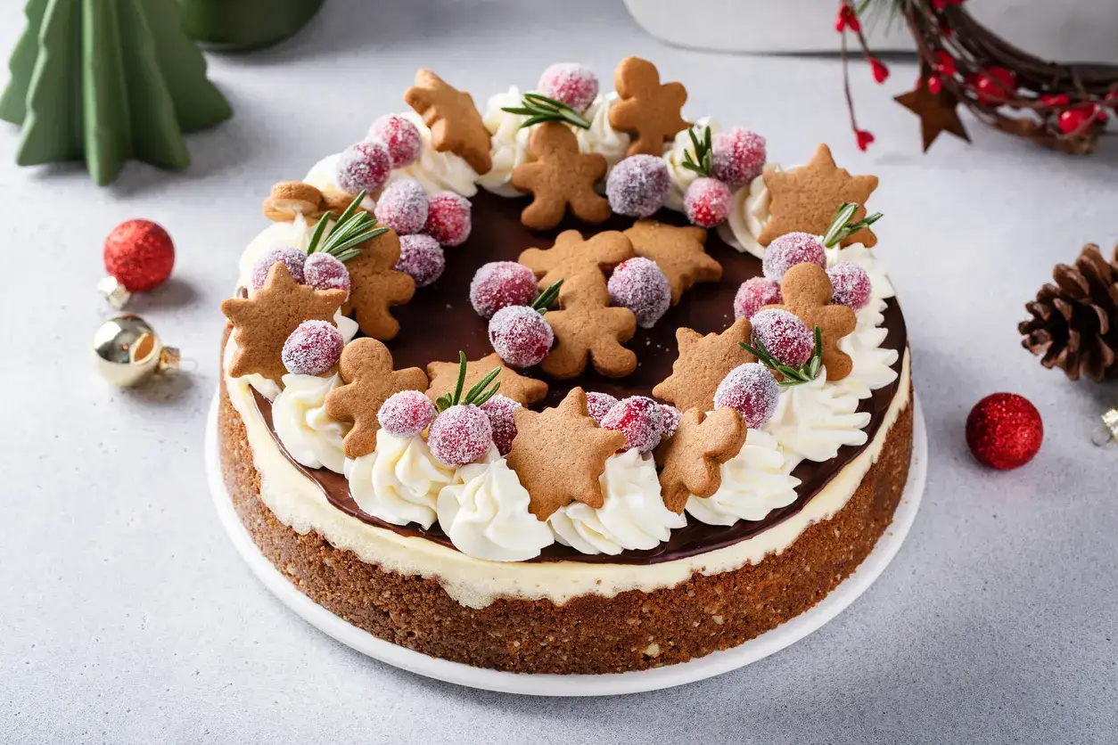 Ozdobiony pierniczkami, żurawiną i rozmarynem sernik to idealny pomysł, jak ozdobić sernik na święta.