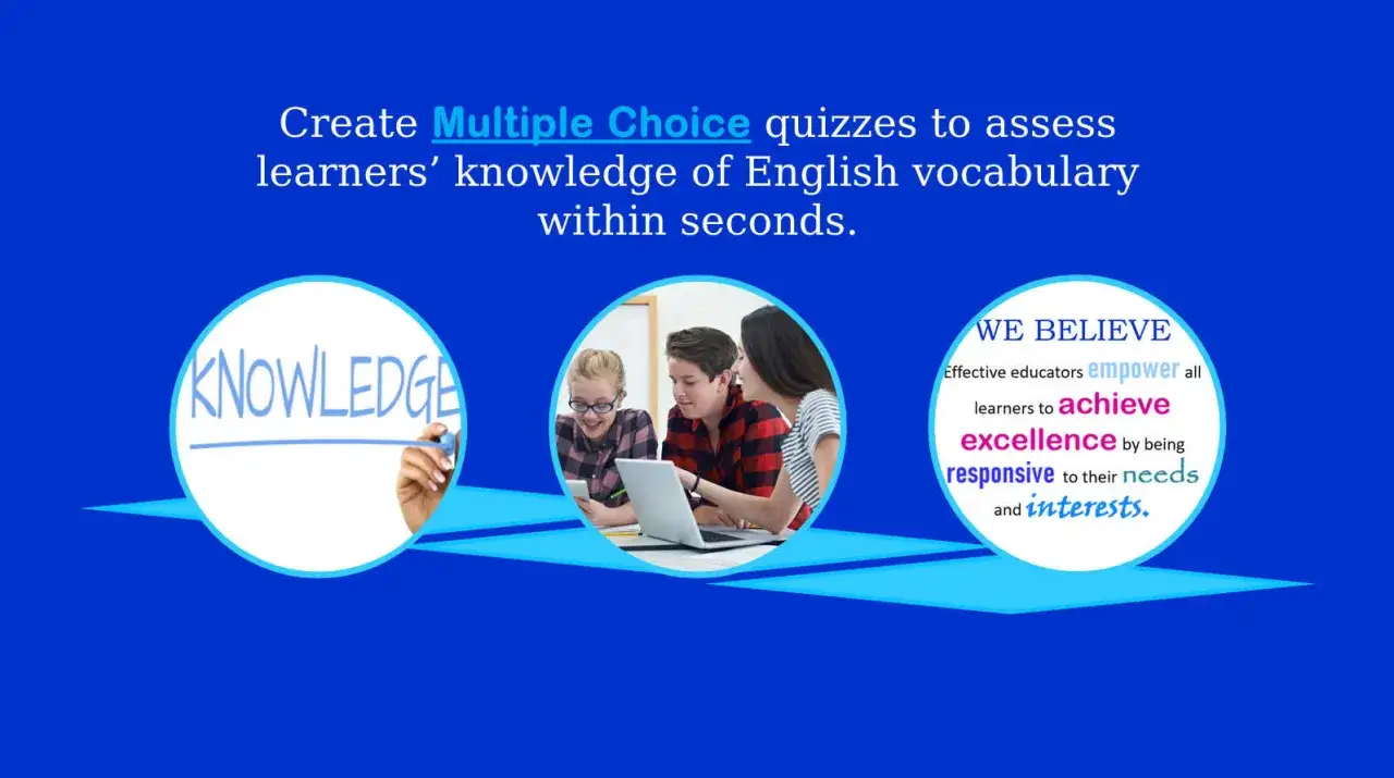 Aplikacja do nauki angielskiego tworzy quizy sprawdzające wiedzę. Dzieci uczą się z laptopem.