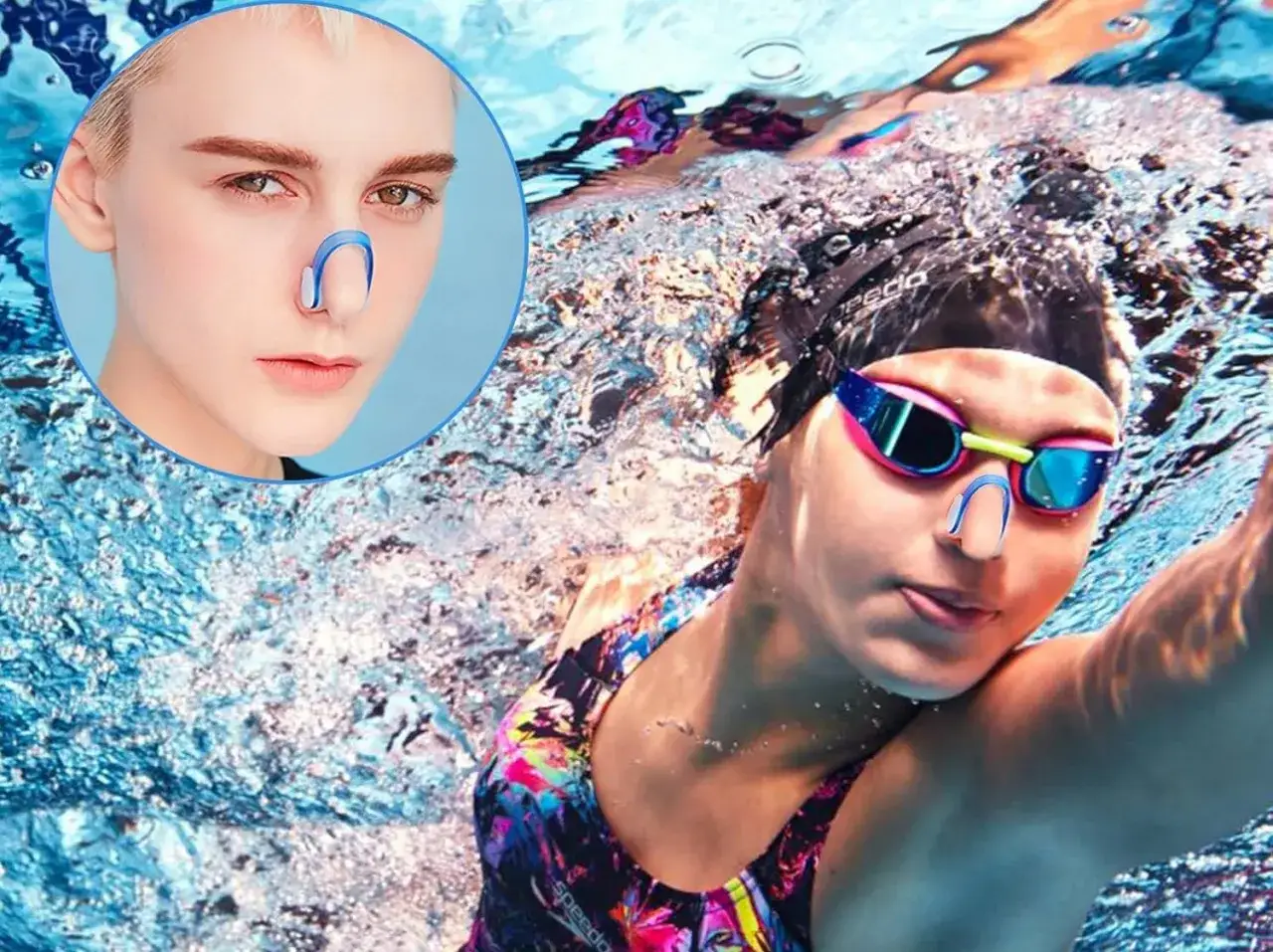 Pływaczka w goglach i czepku używa niebieskiego noska do pływania, by swobodnie oddychać pod wodą.