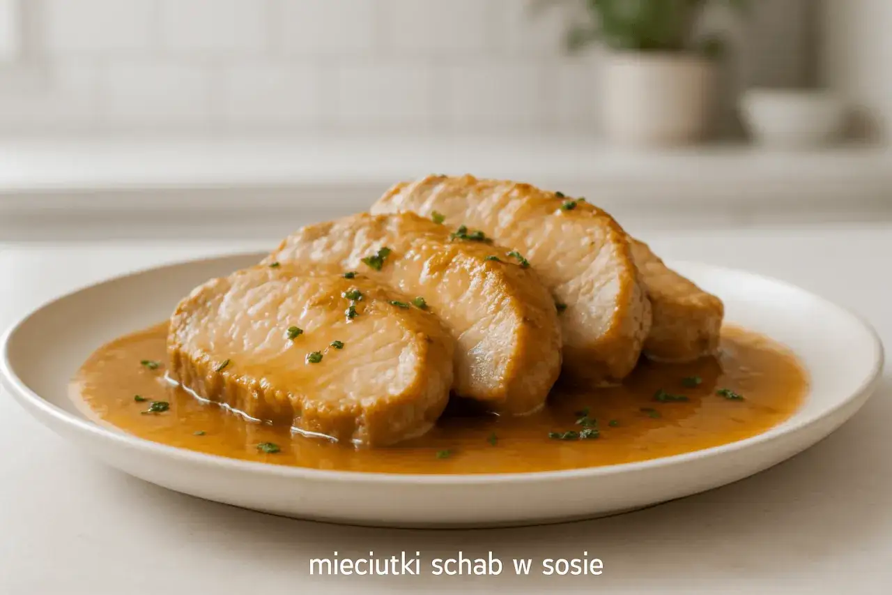 Soczyste plastry schabu w aromatycznym sosie, posypane szczypiorkiem. Idealne, gdy zastanawiasz się, jak długo dusić schab, by był miękki.