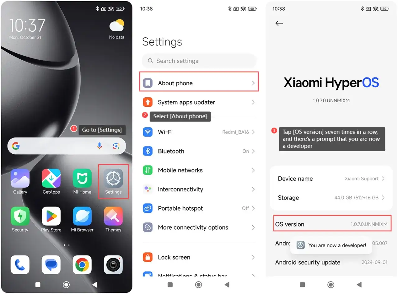 Ustawienia telefonu Xiaomi z zaznaczoną opcją programisty
