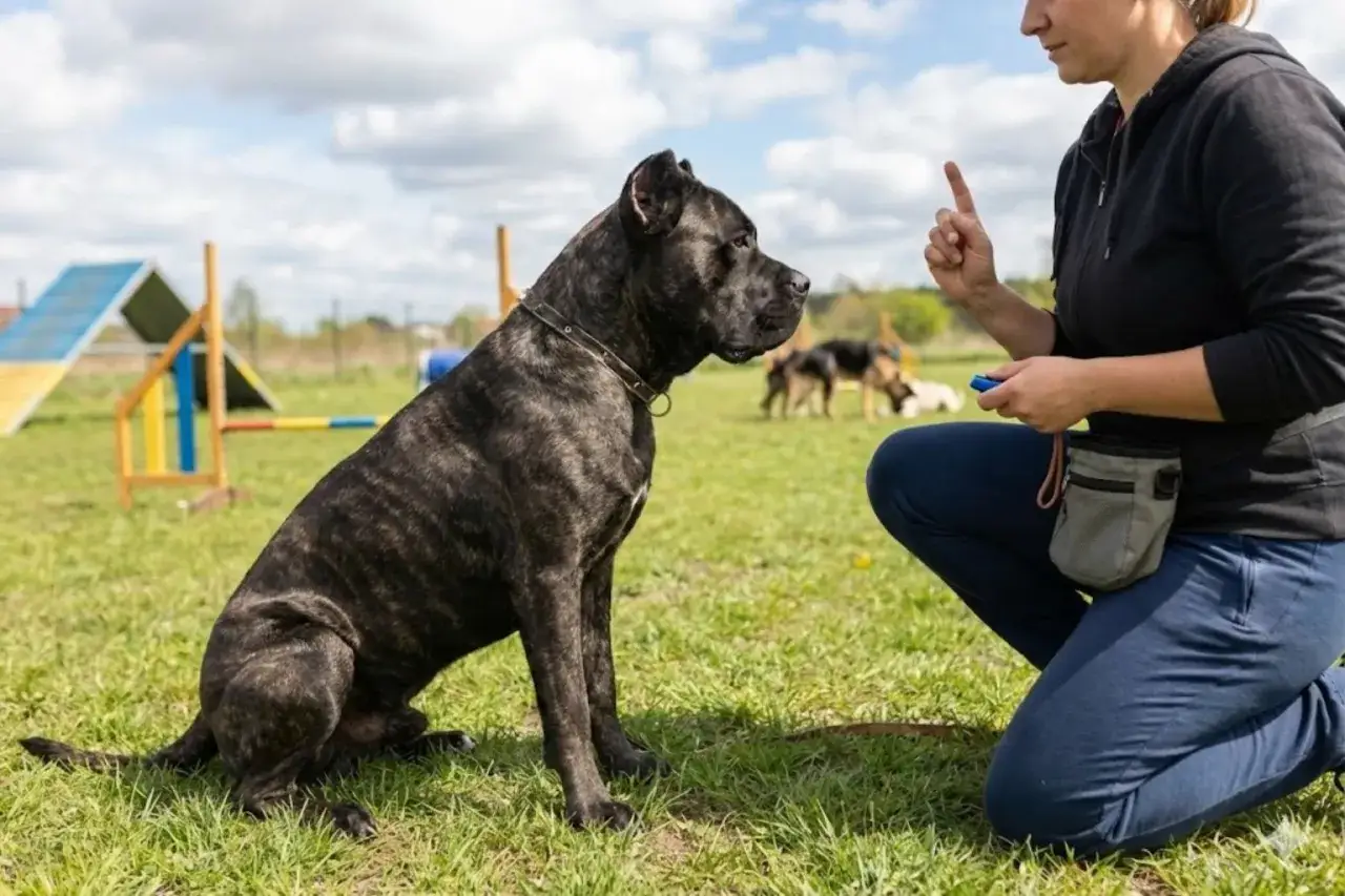 Szkolenie cane corso mały na trawiastym wybiegu. Pies uważnie słucha komend opiekuna, w tle inne psy i tor przeszk&oacute;d.