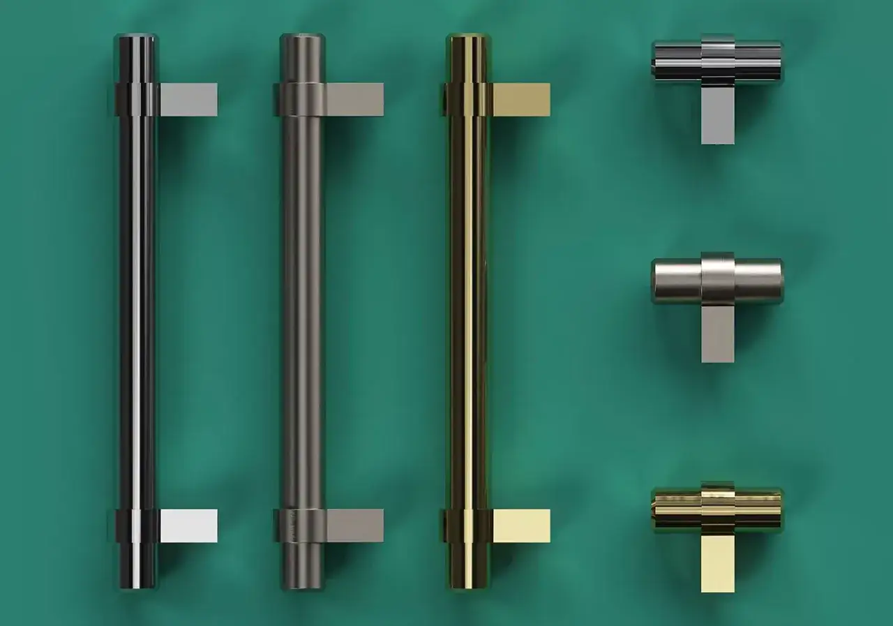 Różne klamki do drzwi wewnętrznych: czarna, grafitowa, złota i dwie w kształcie litery T. Poradnik: jak wymienić klamkę w drzwiach wewnętrznych.