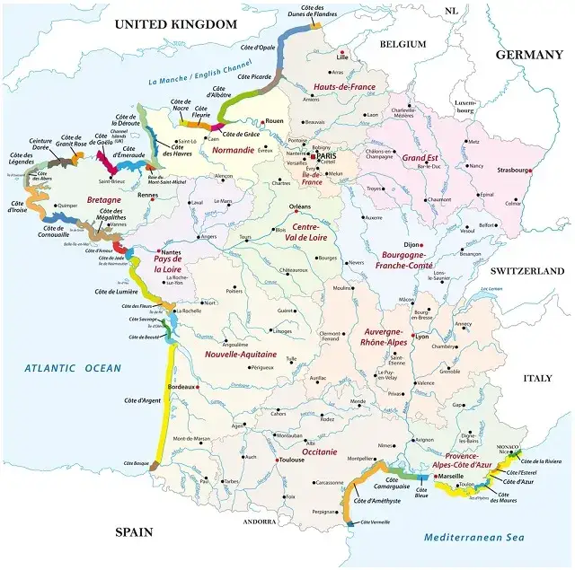 Karte franz&ouml;sische Atlantikk&uuml;ste Regionen