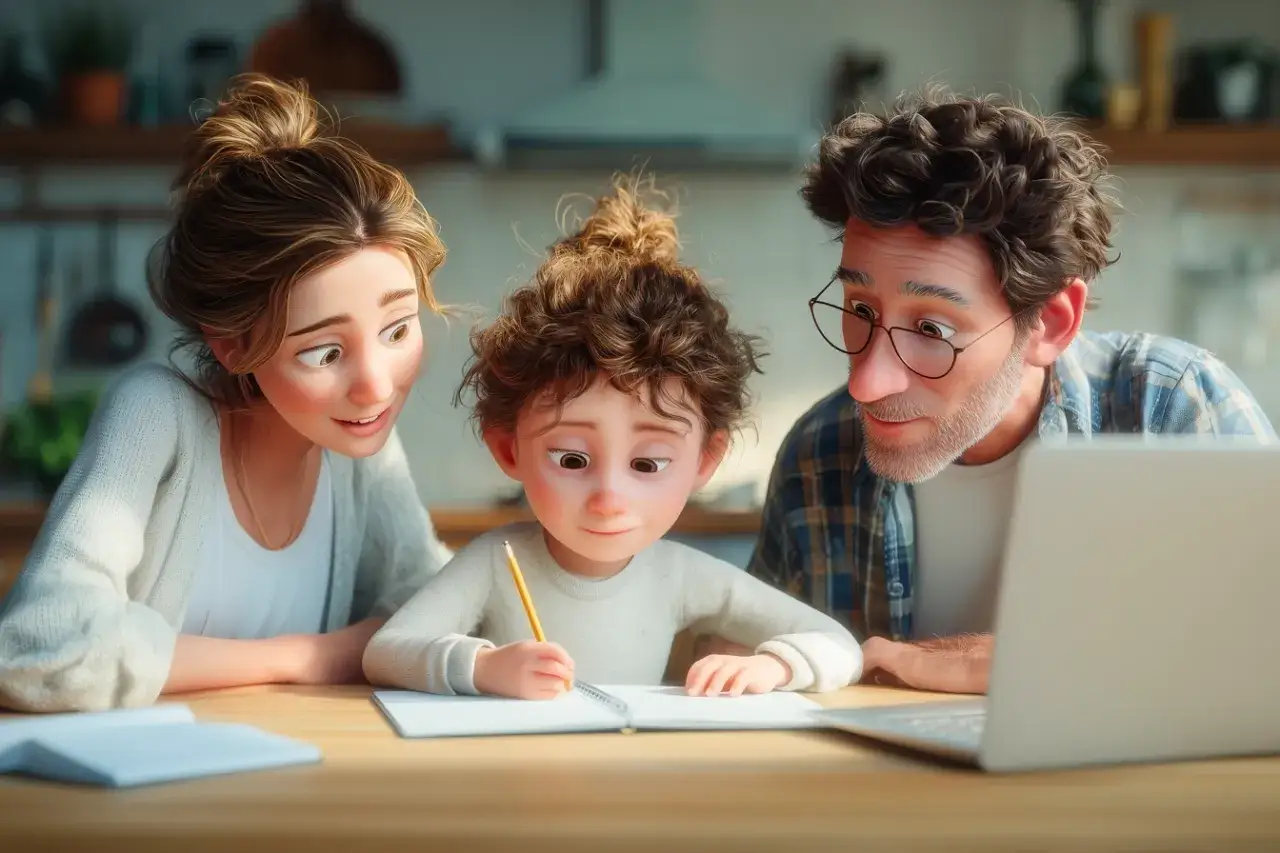 Rodzic i dziecko wsp&oacute;lnie uczący się, uśmiechnięci