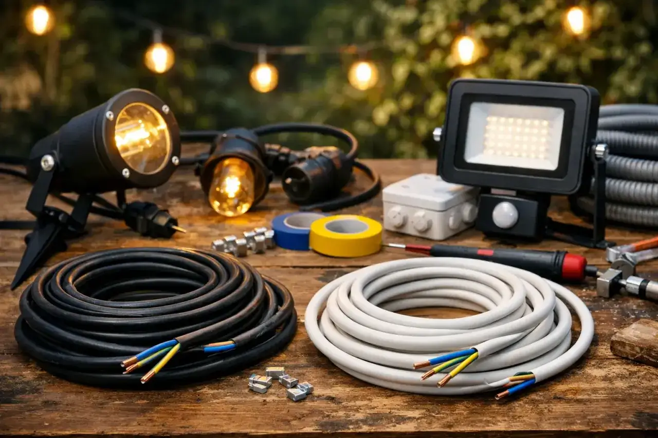 Wybierasz jaki kabel do oświetlenia ogrodu? Na stole leżą czarne i białe kable, reflektory, taśmy izolacyjne i złączki.