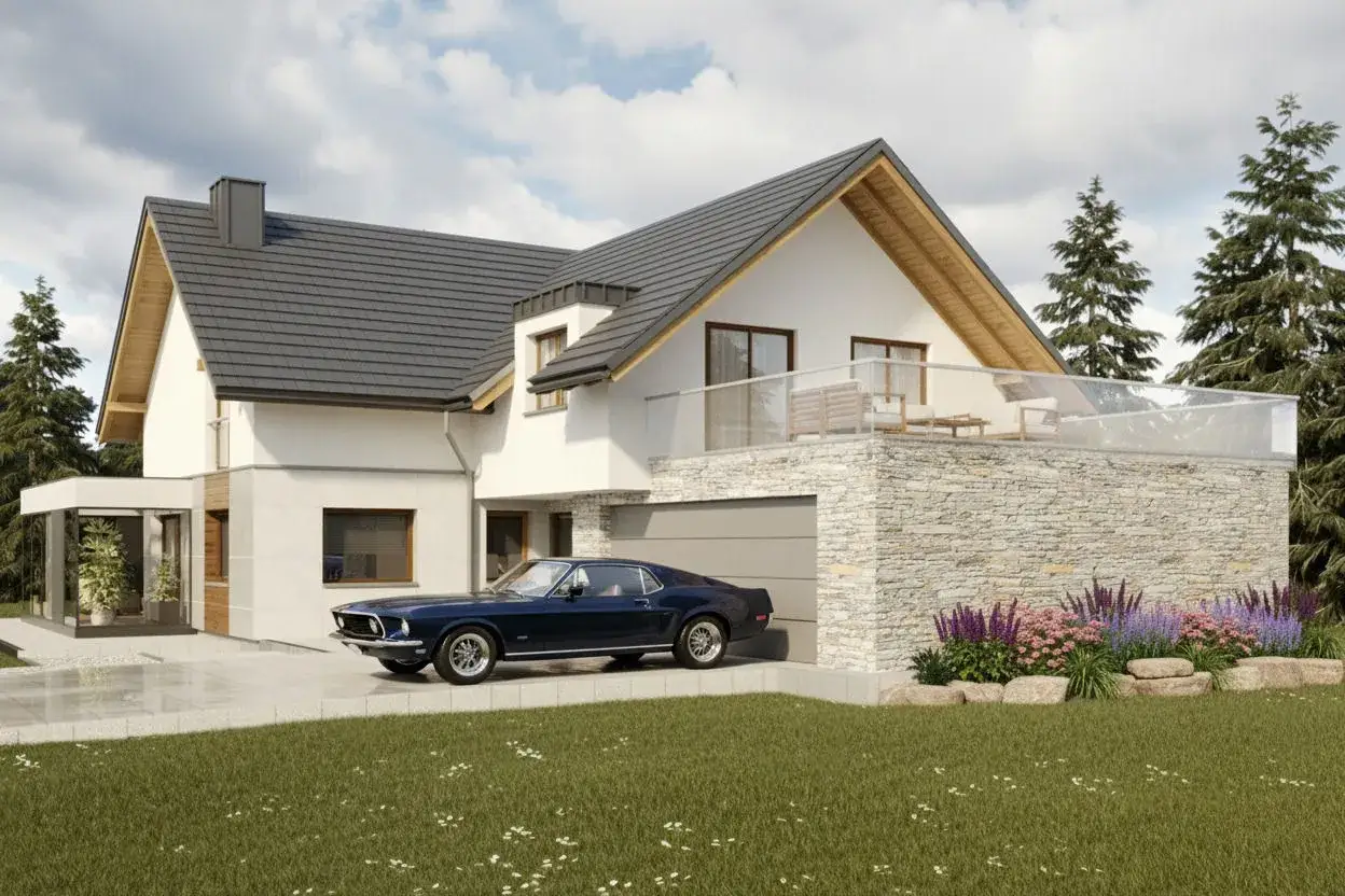 Nowoczesny dom z tarasem nad garażem, kamienną okładziną i klasycznym autem. Inspiracje na aranżację przestrzeni.