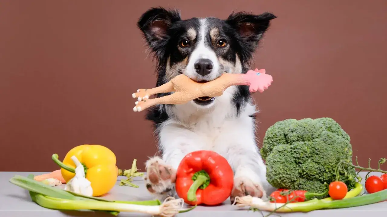 Pies z zabawką w pysku obok warzyw. Czy psy mogą jeść warzywa? Ten piesek woli zabawki, ale obok niego leżą brokuły, papryka, pomidory i inne zdrowe przekąski.