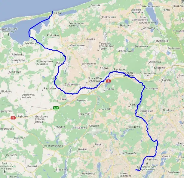 Mapa Polski z zaznaczoną Łebą, jeziorami Łebsko i Sarbsko oraz Morzem Bałtyckim