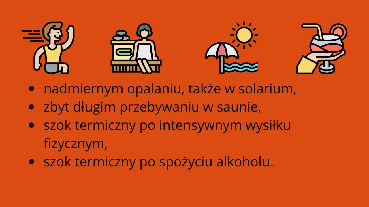 Ikony ilustrują przyczyny szoku termicznego: opalanie, sauna, wysiłek fizyczny, alkohol.