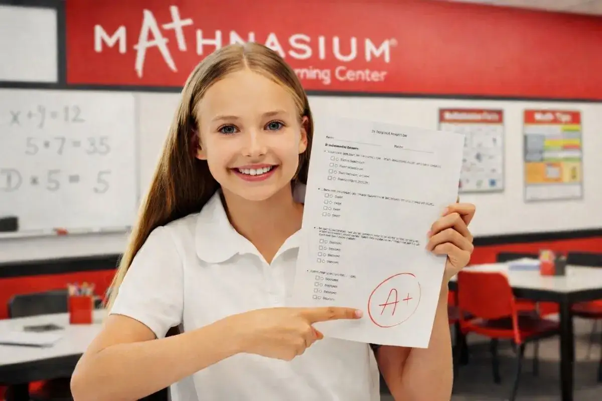 Uśmiechnięta dziewczynka pokazuje test z matematyki z oceną A+. Jej sukces to dow&oacute;d, że arytmetyka mentalna jest w zasięgu ręki!