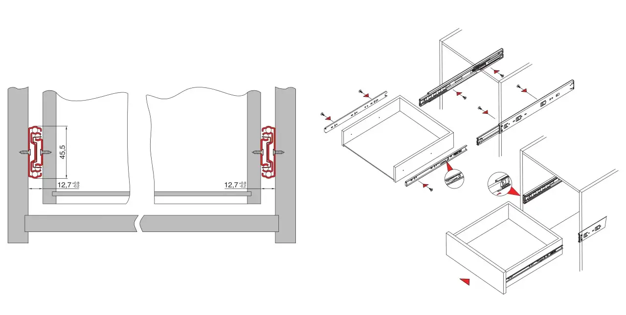 Ilustracja pokazuje, jak zamontować prowadnice kulkowe do szuflad. Detale montażu i wymiary.