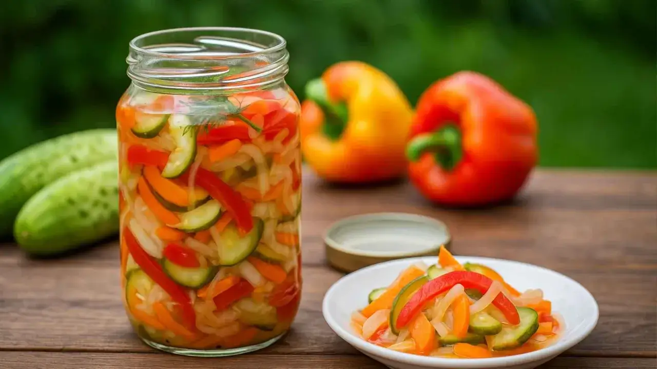 Słoik pełen słodko kwaśnej zalewy do papryki z ogórkami i marchewką. Obok talerzyk z gotową przekąską.
