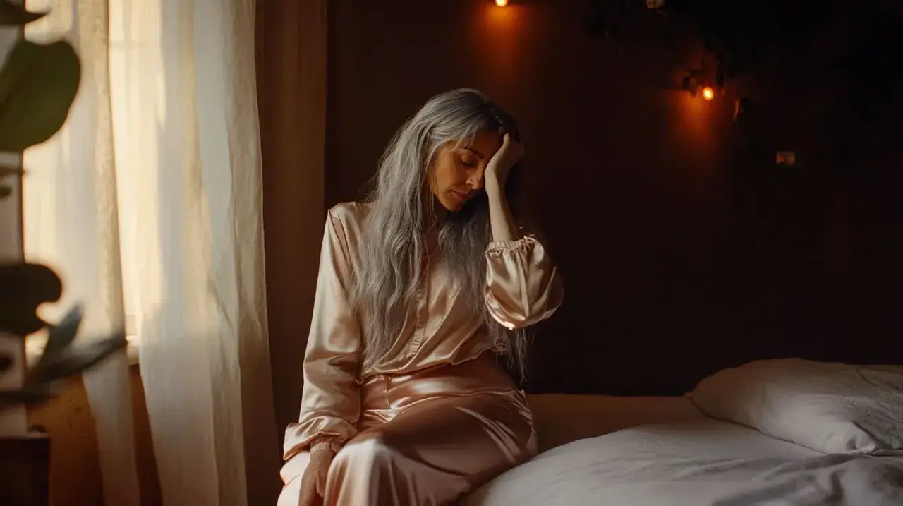 Kobieta z siwymi włosami w satynowej piżamie siedzi na łóżku, szukając ukojenia. Może to być chwila przed medytacją do snu.