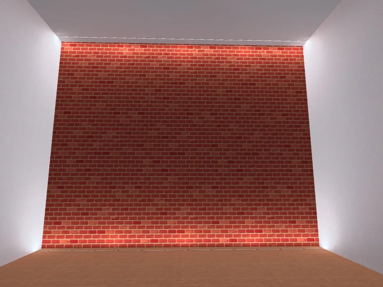 Czerwona ceglana ściana z podświetleniem od g&oacute;ry, tworzącym ciepłą atmosferę.