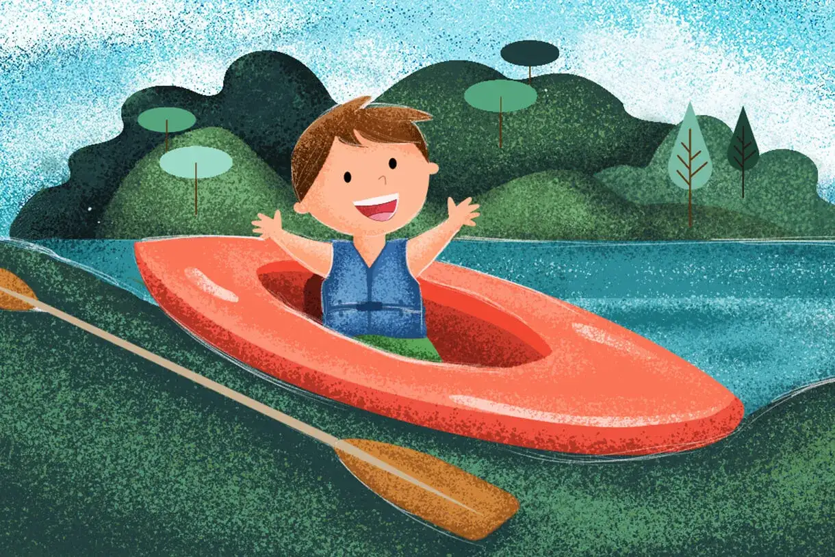 Dzieci na spływie kajakowym rzeką