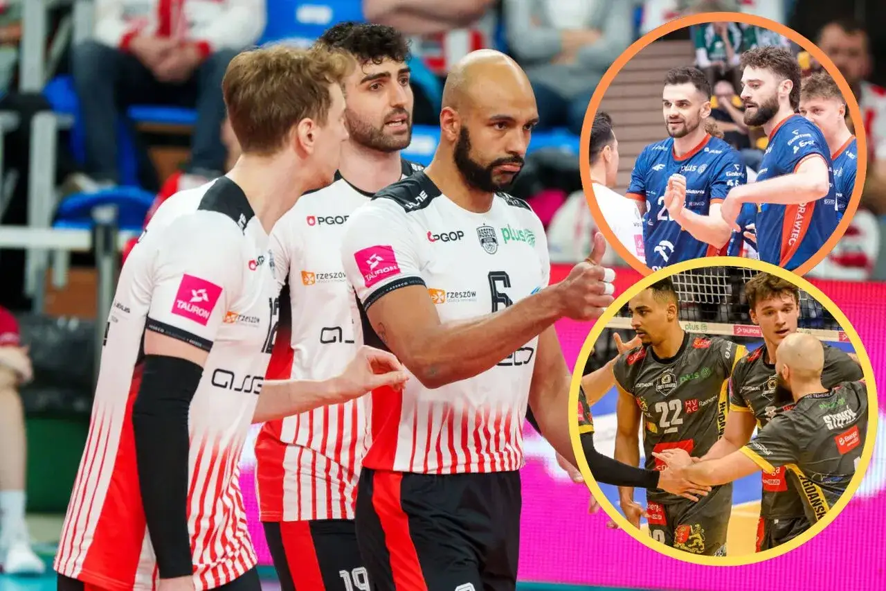 Siatkarze Plus Ligi w akcji. Drużyna w białych strojach z czerwonymi pasami i drużyna w niebieskich strojach.