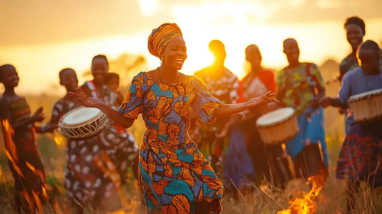 Radosna kobieta w barwnej sukni prowadzi grupę dzieci w rytmie bębn&oacute;w. Ich układy taneczne do znanych piosenek tworzą magiczną atmosferę zachodu słońca.