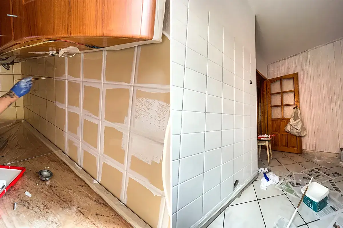 Przed i po: jak odświeżyć płytki w kuchni. Po lewej ręka w rękawiczce maluje fugi, po prawej – lśniące, białe płytki.