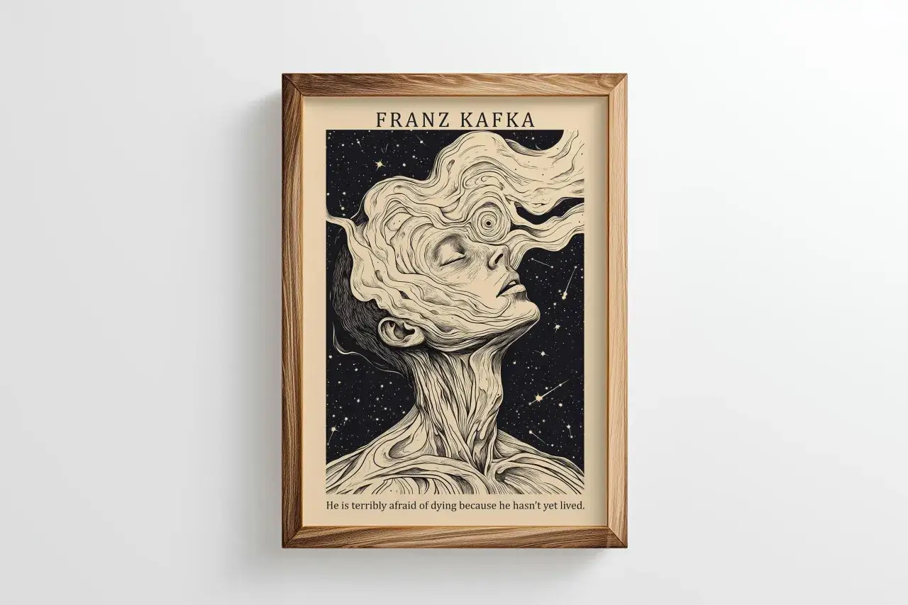 Obraz przedstawia surrealistyczną wizję ludzkiej głowy, której kontury rozpływają się w kosmiczną mgławicę. To wizualna interpretacja 